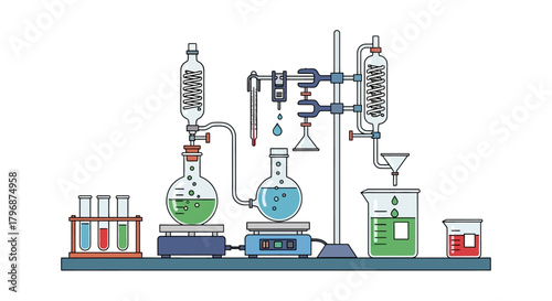 Vector illustration of a chemical laboratory with glassware, beakers, and flasks set up for a scientific research experiment