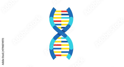 Colorful DNA double helix icon in a flat design style, representing genetics, biology, and molecular science research on a white background