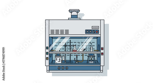 Flat design vector illustration of a laboratory fume cabinet, an essential piece of safety equipment for scientific research and chemical experiments
