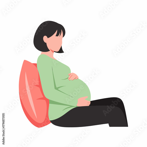 Expectant Mother Resting Comfortably: Flat Illustration of Woman Holding Pregnant Belly and Leaning on Pillow