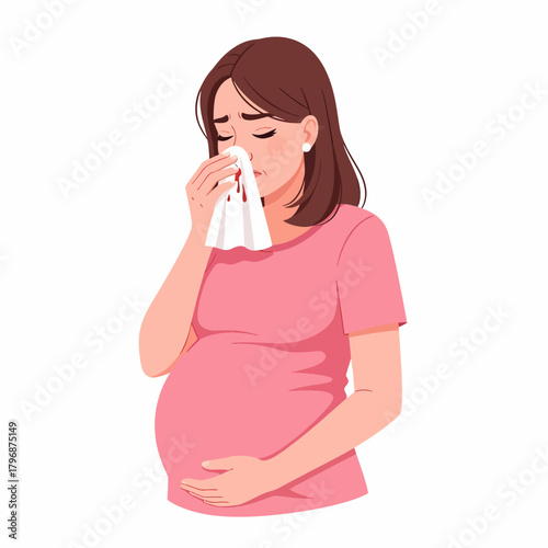 Pregnant woman suffering from nosebleed (epistaxis), holding bloody tissue. Worried mother-to-be illustration depicting a common pregnancy symptom or complication.