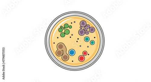 Scientific illustration of a petri dish culture with diverse microbial colonies for biology and microbiology research
