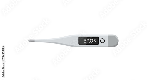 White electronic thermometer for measuring body temperature, showing a normal reading of 37.0°C. Medical device concept for healthcare and fever diagnosis