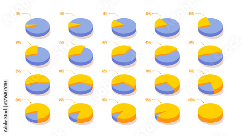 3D pie chart infographic set featuring circular data segments ranging from 5% to 100%. Modern vector diagrams for statistics, analytics dashboards, presentations, reports.