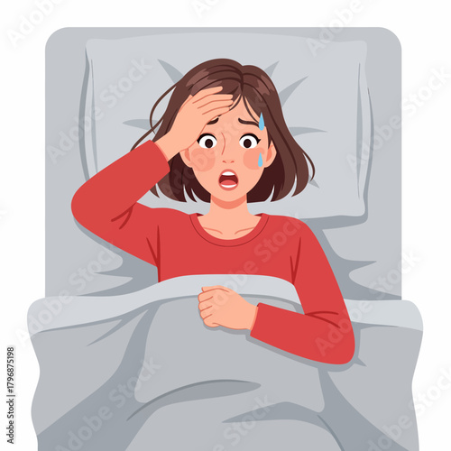 Young woman lying in bed suffering from high fever, sickness, and night sweats due to illness or flu symptoms. Distressed and uncomfortable person with temperature.