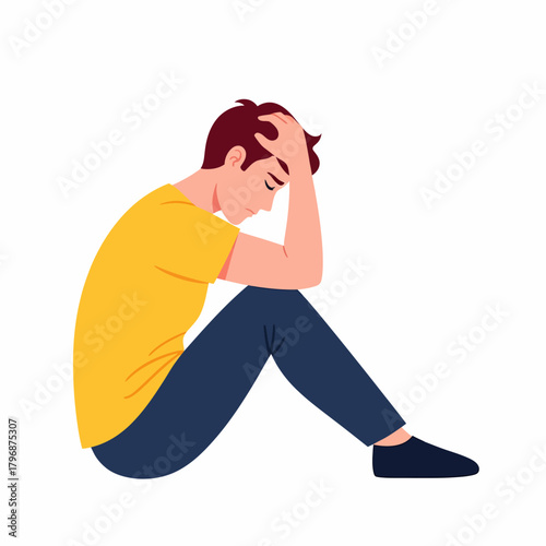Depressed young man sitting alone, suffering from stress, anxiety, or mental breakdown. Isolated vector illustration.