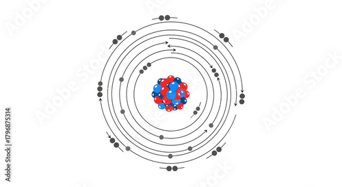 Scientific illustration of an atom's structure with a central nucleus containing protons and neutrons, surrounded by orbiting electrons in shells