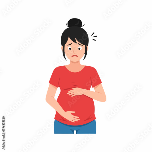 Distressed Pregnant Woman Suffering Abdominal Pain or Anxiety - Vector Illustration