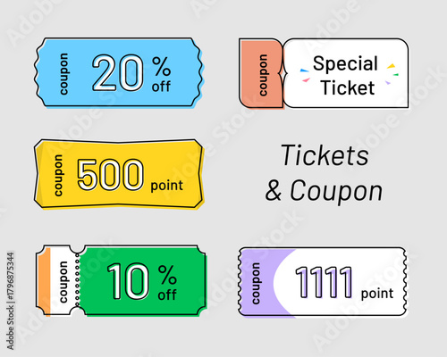 カラフルなクーポン・チケットベクターセット（割引とポイント）特別優待券と割引券のイラストコレクション coupon ticket