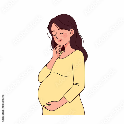 Happy Pregnant Woman Holding Belly. Motherhood and Expectation Concept Illustration.
