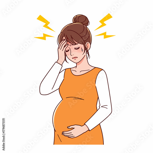 Pregnant woman suffering from a severe headache or migraine. Illustration of maternity discomfort and pain.