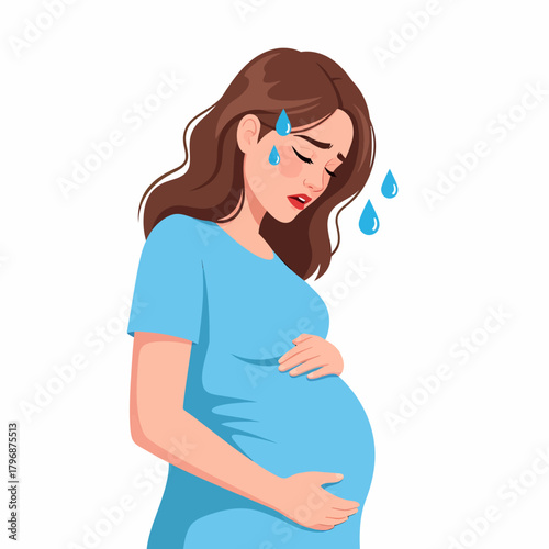 Pregnant woman suffering from discomfort, abdominal pain, or morning sickness. Vector illustration.