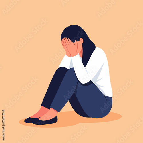 Crying and Depressed Woman Covering Face. Mental Health, Sadness, and Emotional Pain Illustration.