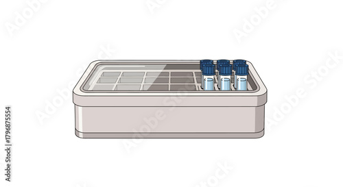 An illustration of a laboratory freezer box holding specimen vials, a concept for scientific research, clinical testing, and sample preservation