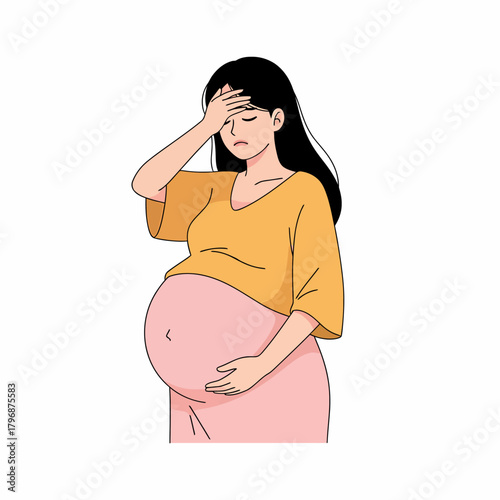 Stressed Pregnant Woman Suffering from Headache, Pain, or Sickness. Maternal Health and Prenatal Discomfort Illustration.