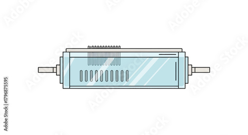 Minimalist vector illustration of a technical component. Clean schematic line art of a transparent equipment module or device housing with vents on a white background