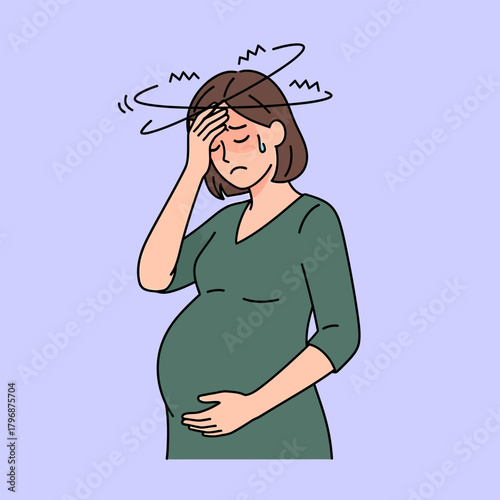 Pregnant woman experiencing headache and dizziness. Illustration of common pregnancy symptoms like nausea, vertigo, or physical distress during gestation.