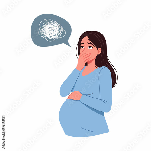 Pregnant woman suffering from anxiety and mental stress. Expecting mother feeling worried, confused, and overwhelmed with tangled thoughts in a speech bubble.