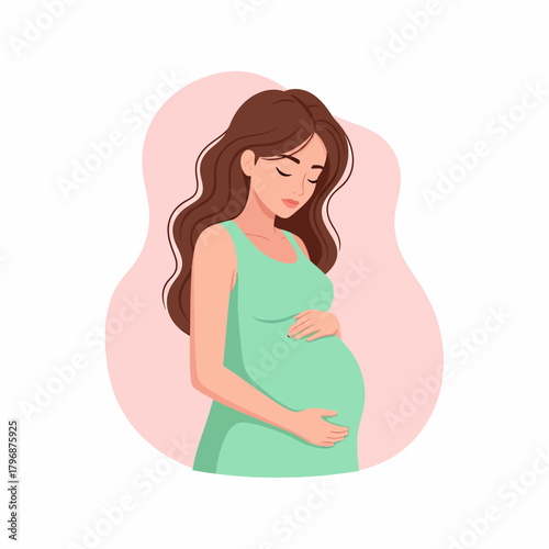 Pregnant Woman Touching Belly. Expectant Motherhood and Prenatal Care Vector Illustration.