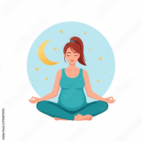 Pregnant woman doing yoga and meditation for good sleep and relaxation. Prenatal wellness, mindfulness, and healthy lifestyle concept.