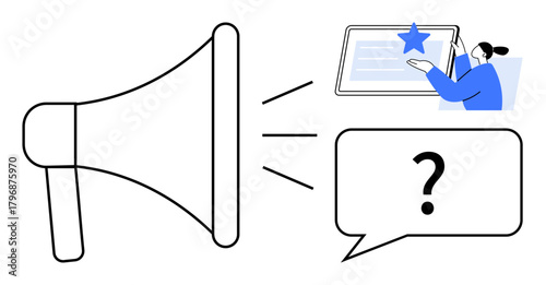 Megaphone spreading message, user interacting with a screen, speech bubble with question mark. Ideal for marketing, communication, content sharing, user engagement, announcements, outreach customer