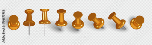 Realistic 3D gold push pin. Plastic thumbtack set shown from multiple angles with soft shadow effect. Perfect element for office notes, school reminders, pin boards, maps, and announcement graphics.