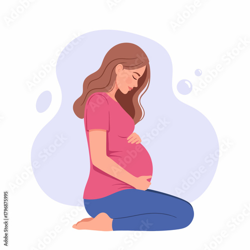 Caring Pregnant Woman Holding Her Belly. Motherhood and Maternity Concept Illustration.