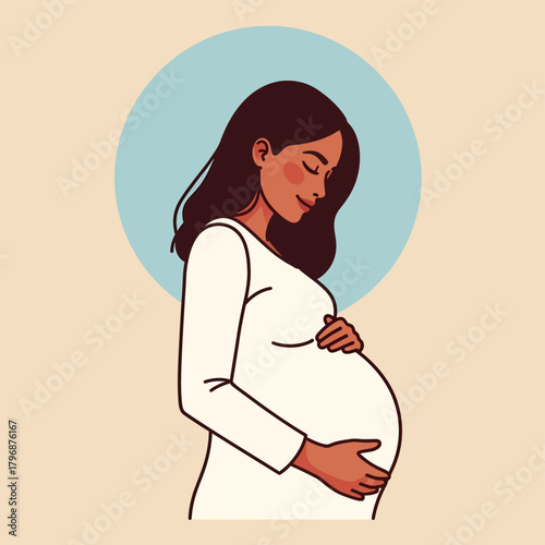 Minimalist vector illustration of happy pregnant woman holding her belly, representing maternity and new life anticipation.