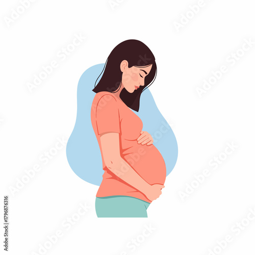 Pregnant woman gently hugging her baby bump. Motherhood, pregnancy healthcare, and maternal anticipation vector illustration.