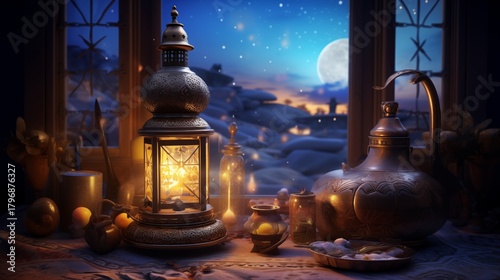 Magical Night: Ornate Lantern and Moonlit Desert Landscape through Window with Traditional Decor