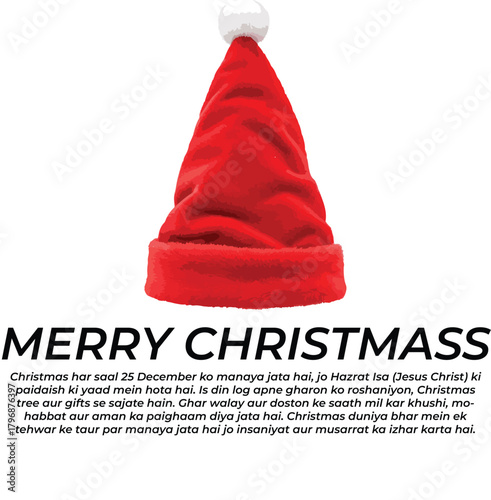 Santa hat with Urdu Christmas greeting in festive illustration for cultural joy and seasonal celebration