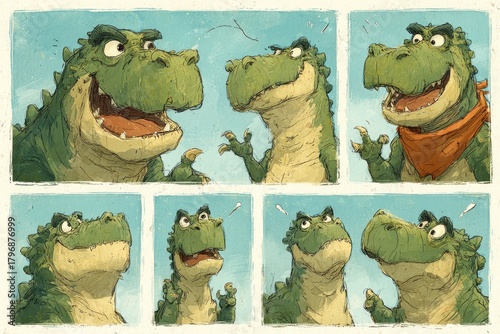Cheerful dinosaur showcases various emotions in playful comic-st