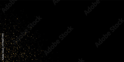 Gold glitter texture on a black background. Holiday background. Golden explosion of confetti. Golden grainy abstract texture on a black background. Design element