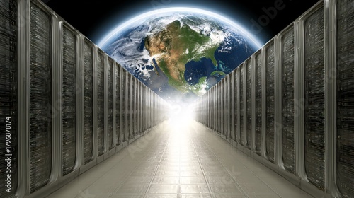 Fototapeta Naklejka Na Ścianę i Meble -  AI helping planet sustainability, glowing Earth in server aisle,
