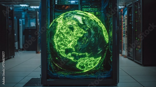 Fototapeta Naklejka Na Ścianę i Meble -  AI helping planet sustainability, glowing Earth in server aisle,