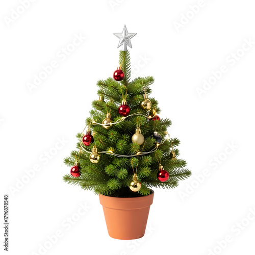 Festive tabletop Christmas tree adorned with sparkling ornaments and warm fairy lights, ready for holiday cheer