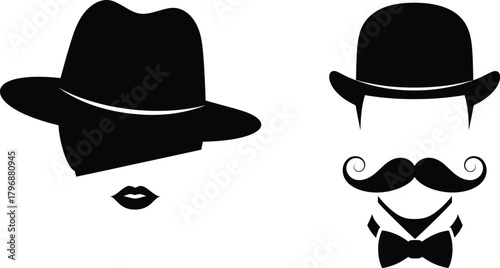 Woman in a wide brim hat with stylized lips and a man in a bowler hat with a curled mustache and bow tie, vintage retro style illustration
