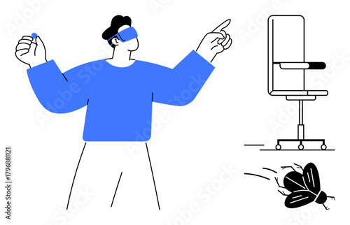 Man wearing VR headset gestures towards chair and moving insect, emphasizing tech interaction, gaming, creativity, futuristic exploration, virtual simulation, innovation, and imagination in a simple