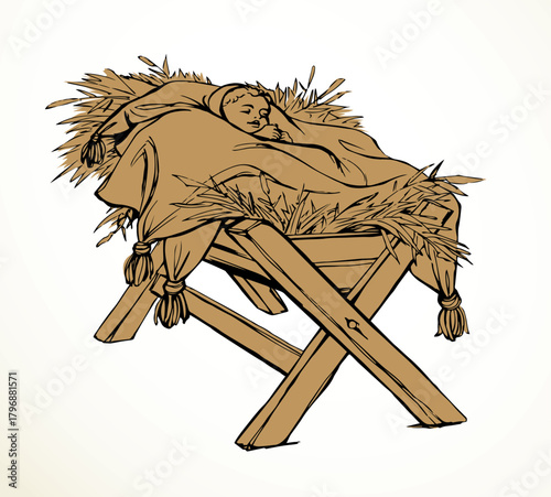 Vector drawing. Baby in a manger