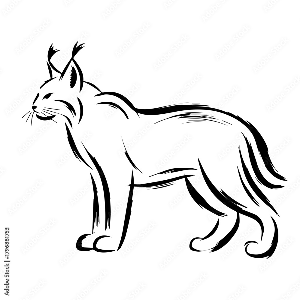 Obraz premium Iberian lynx sketch displayed in black and white, depicting feline with distinctive tufted ears and patterned fur.