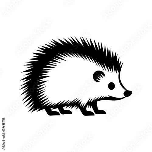 Adorable hedgehog illustrated with spiky quills in black and white. Hedgehog image is crisp and clean. Use black and white to emphasize graphic elements. Captivating hedgehog for animal illustrations.