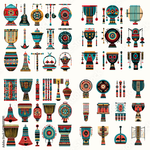 Collection of tribal ceremonial vessels, pots, and ritual containers decorated with geometric ethnic patterns. Ideal for cultural themes, boho designs, and decorative illustrations.