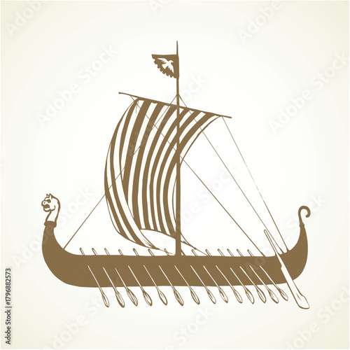 Archaic past century wood oar shield Greek galleon. Black ink stripe hand drawn roman merchant trade colonize logo icon sign symbol design white paper sketch in aged art retro graphic etch print style