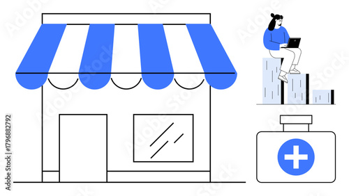 Storefront with striped awning, medical bottle, woman on bar graph with laptop. Ideal for business, healthcare, technology, growth, entrepreneurship e-commerce innovation. Simple flat metaphor