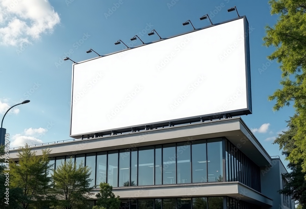Fototapeta premium Large blank billboard mock up on modern building exterior, surrounded by greenery and clear blue sky, ideal for advertising and promotional displays