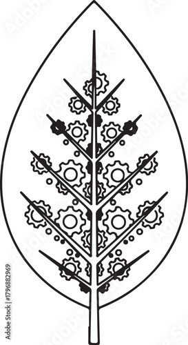  A leaf whose veins transition into small gear teeth in line-art. Eco-tech fusion, black on white.
