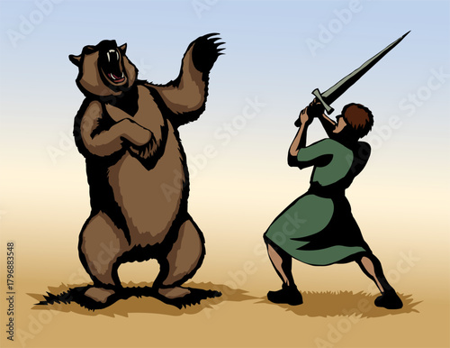 Vector drawing. An angry bear attacking man