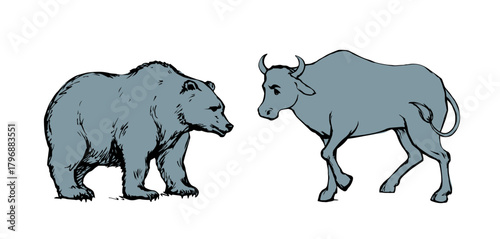 Vector drawing. Big cow and bear