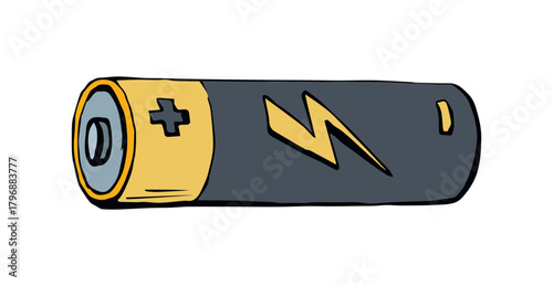 Modern auto engine chemical lithium cylinder on light backdrop. Dark black color hand drawn pole object logo pictogram emblem concept in retro art doodle cartoon style on space for text. Closeup view