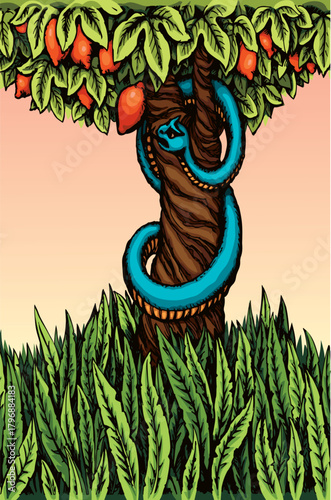 Vector drawing. Snake on the tree